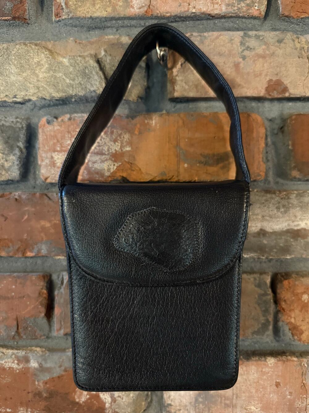 Vtg Carlos Falchi Black Pebbled Leather Top Handle Bag Flap Pouch USA